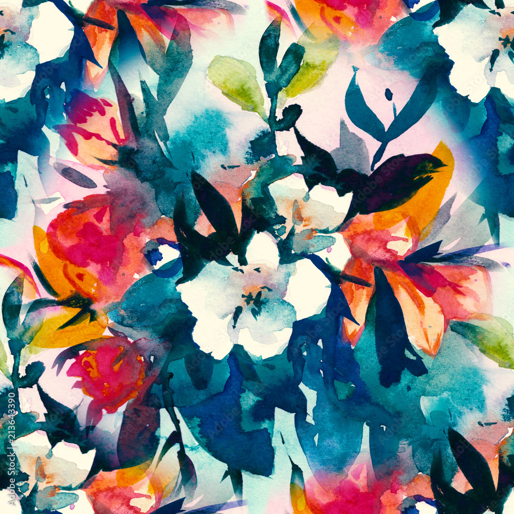watercolour floral Seamless pattern, delicate flowers, yellow, blue and pink flowers