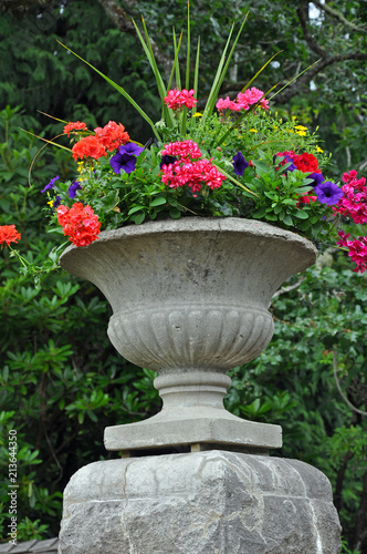 Stone garden planter filled with colorful petunias and geraniums