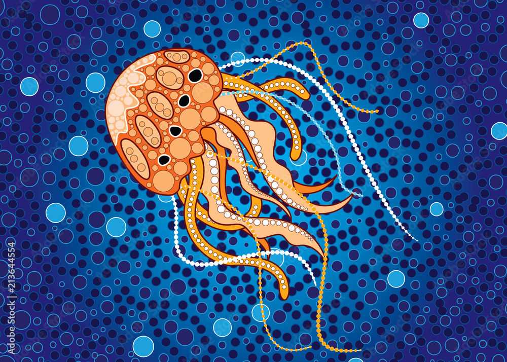 Fototapeta premium Tło wektor sztuki Aborygenów przedstawiające meduzę. Ilustracja oparta na aborygeńskim stylu malarstwa punktowego.