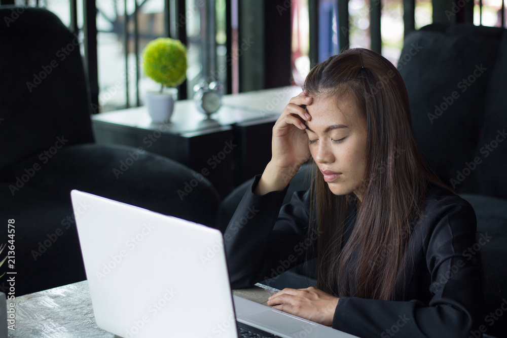 Business Woman Having Headache While Working Using Laptop Computer ...