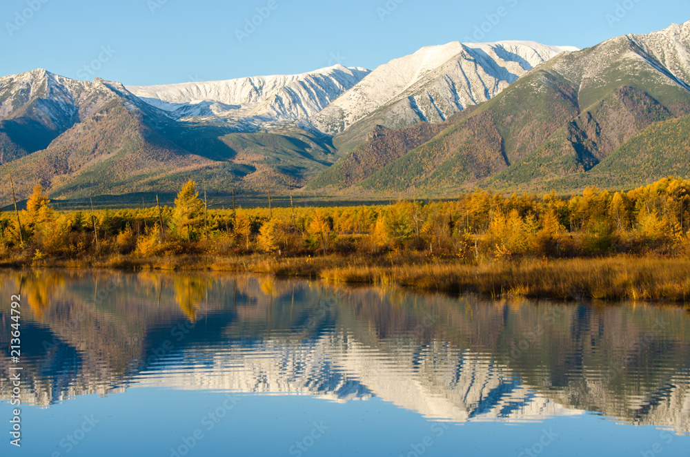 Lake and mountains of Siberia with reflection