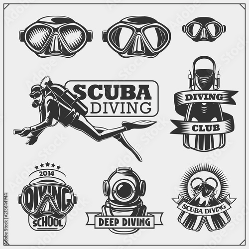 Set of Scuba diving emblems. Underwater swimming and spearfishing labels, logos and design elements.