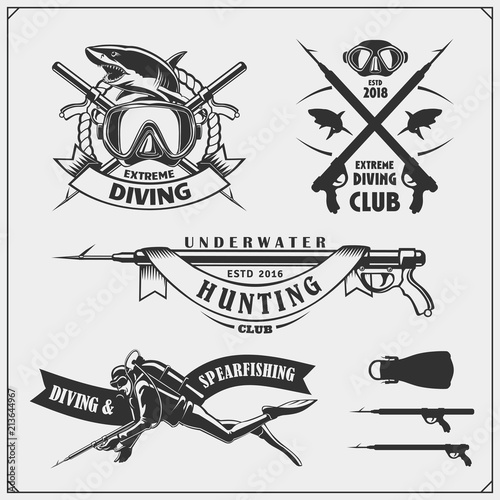 Set of Scuba diving emblems. Underwater swimming and spearfishing labels, logos and design elements.
