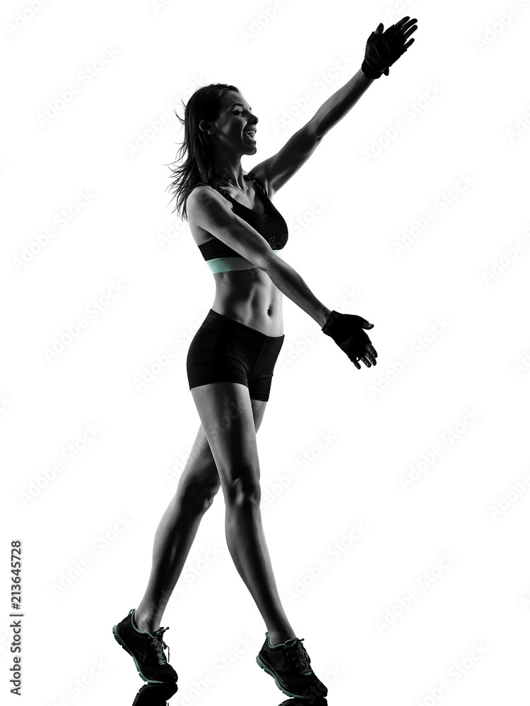 one caucasian woman exercising cardio boxing cross core workout fitness exercise aerobics silhouette isolated on white background