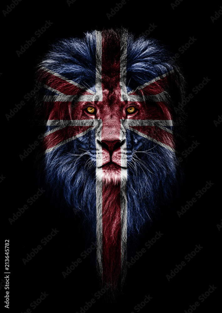 National animal of Great Britain. Portrait of a Beautiful lion, faceart and  patriotism concept. Portrait of a leader, king. lion with a projection of  the flag of Great Britain. Patriot Stock Photo |