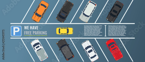 City parking lot with a group of different cars top view. Public car-park. Vector Flat illustration for web or poster banner.