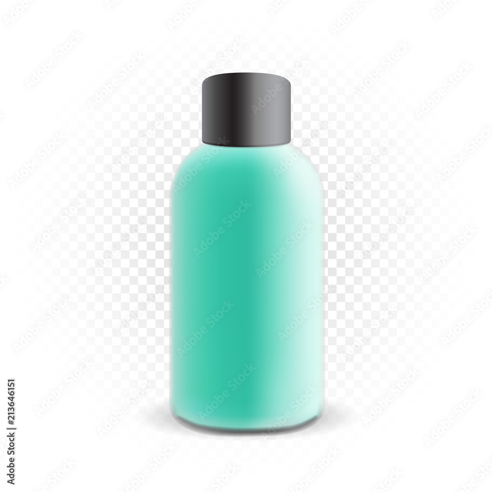 Cosmetic bottle mockup template with azure liquid and black lid on white transparent background. Body care shampoo deodorant antiperspirant container Cosmetic bottle mockup template with azure liquid and black lid on white transparent background. Body care shampoo deodorant antiperspirant container