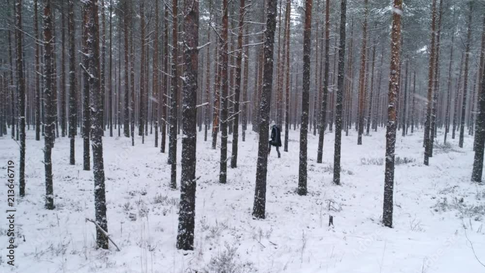 Woman walking in snowy forest in winter dolly shot Woman walking in snowy forest in winter dolly shot
