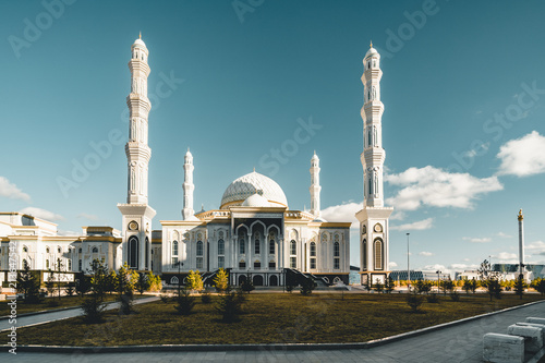 Outside view Mosque Hazrat Sultan in Astana capital of Kazakhstan on a clear day with sun blue sky