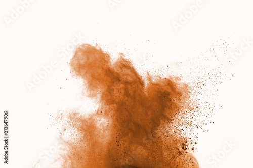 Brown powder explosion isolated on white background.  Colored cloud or dust splatted.