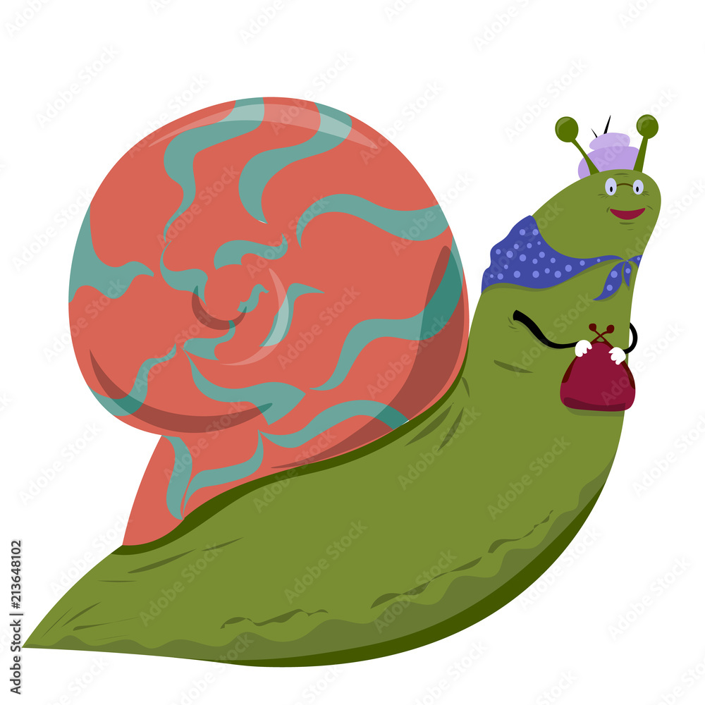 Naklejka premium Elderly grandmother snail with a purse in his hands