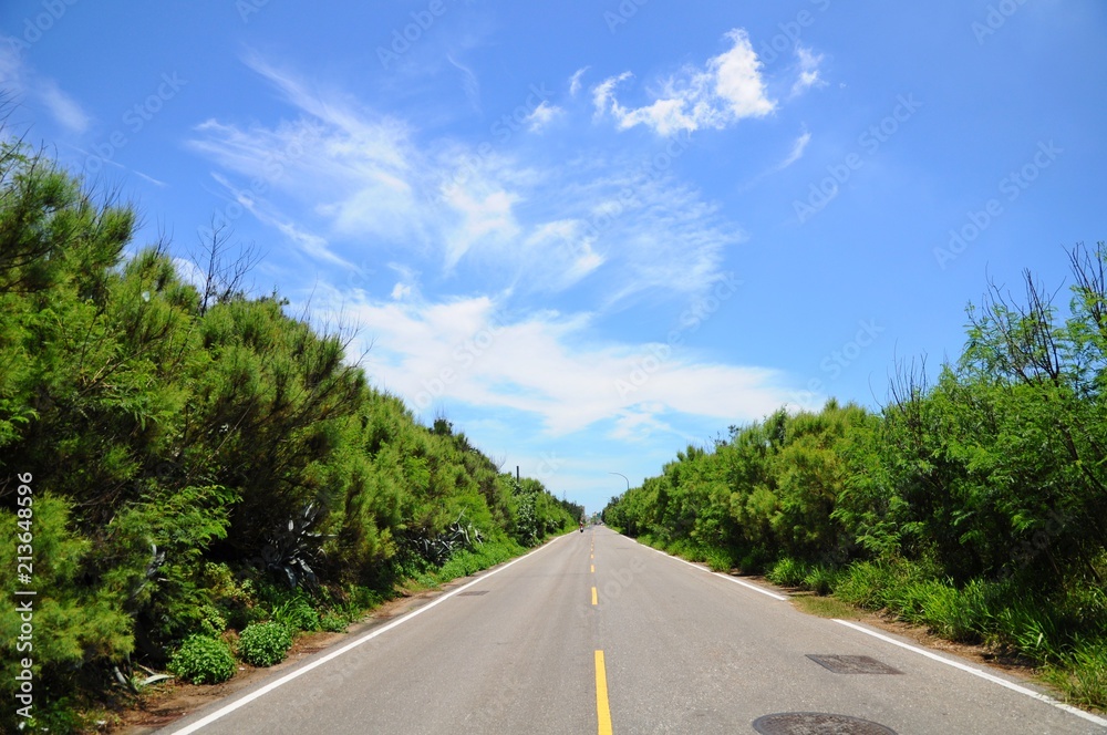 A straight road with green trees on both sides in Penghu, Taiwan