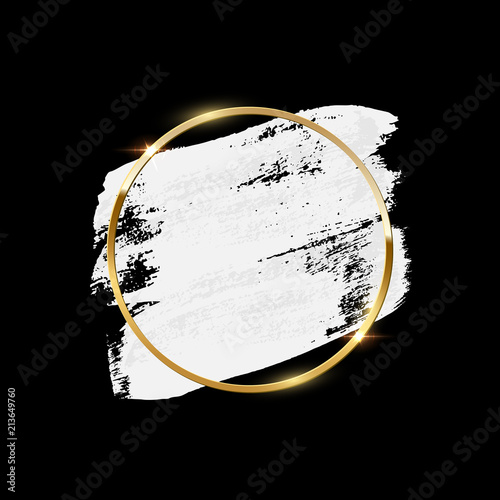 White brush strokes with golden ring frame isolated on black background. Vector design element.