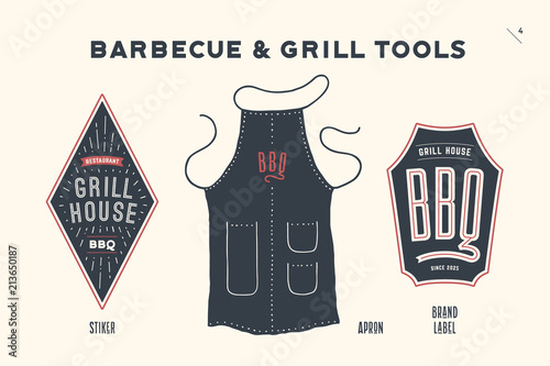 Barbecue, grill set. Poster bbq diagram and scheme - barbecue grill tools. Set of bbq stuff, apron, logo, brand label of steak grill house, restaurant, kitchen poster. Hand drawn. Vector illustration