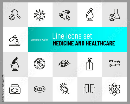 Medicine and healthcare icons. Set of  line icons. Bacteria, corrosion, microscope. Science concept. Vector illustration can be used for topics like microbiology, research, pharmaceutics