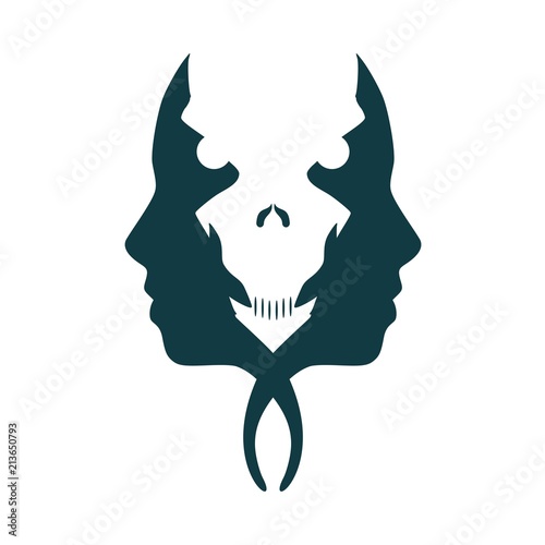 A zombie or two face profile view. Optical illusion. Human head make silhouette of skull