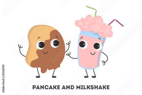 Funny pancake and milkshake standing together