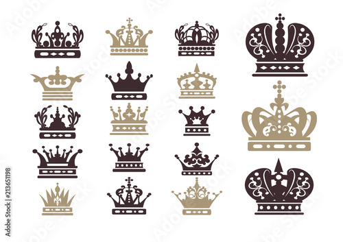 Crown, symbol, vector icons set, classic Royal crowns isolated on white background for your design
