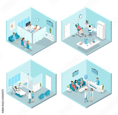 Isometric flat interior of gynecology hospital rooms