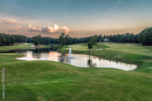 Golf Course with Pond and Water Fountain