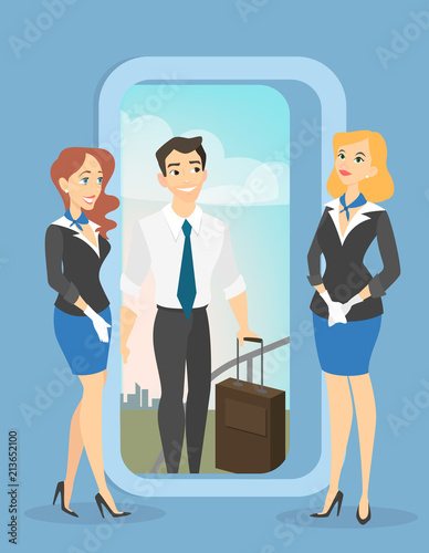 Flight attendants meet passenger