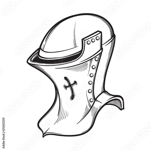 Medieval European helmet belonging to the heaume type. Side view. Heraldry element. Black a nd white drawing isolated on white background. EPS10 vector illustration
