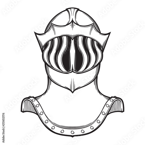 Late Medieval European helmet tipically worn by mounted knights on tournaments. Front view. Heraldry element. Black a nd white drawing isolated on white background. EPS10 vector illustration