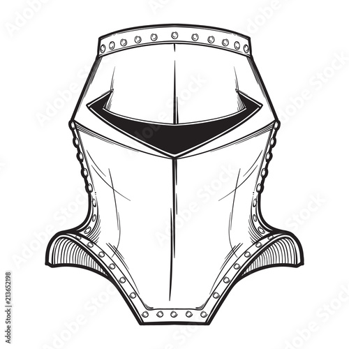 Late Medieval European helmet tipically worn by mounted knights at war. Front view. Heraldry element. Black a nd white drawing isolated on white background. EPS10 vector illustration