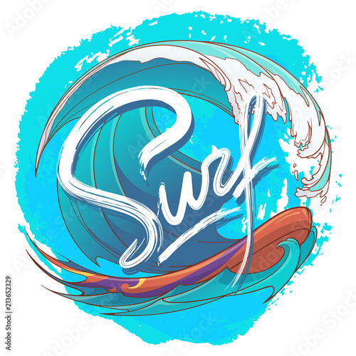 Surfing logo with stylised handwritten sign and colourful ocean wave placed on the textured spot. EPS 10 vector illustration