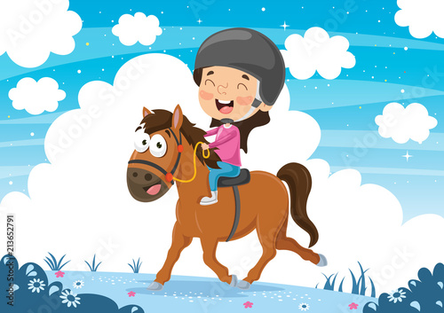 Vector Illustration OfChild Riding Horse