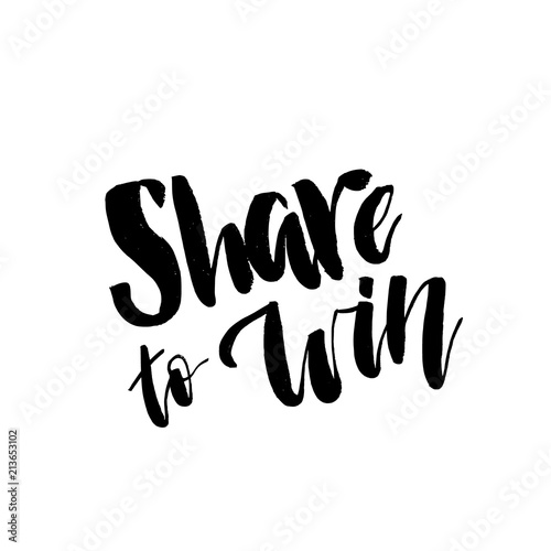 Share to Win, Giveaway Lettering text. Typography for promotion in social media isolated on white background. Free gift raffle, win a freebies. Vector advertising.
