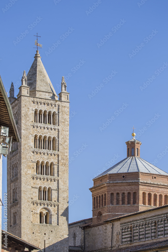 image with detail of the tower of the Cathedral of San Cerbone in Marina Marittima Tuscany Italy