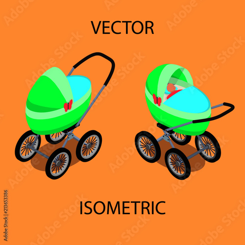 Bright baby stroller with a sleeping baby. The baby carriage with a child in isometric view.