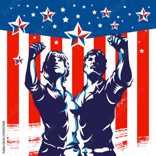 Men and Women protest fist revolution poster propaganda design. Vintage American flag background.