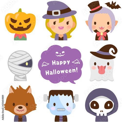 ハロウィンのかわいいモンスター　ハッピーハロウィン　顔　フラットアイコン　セット	