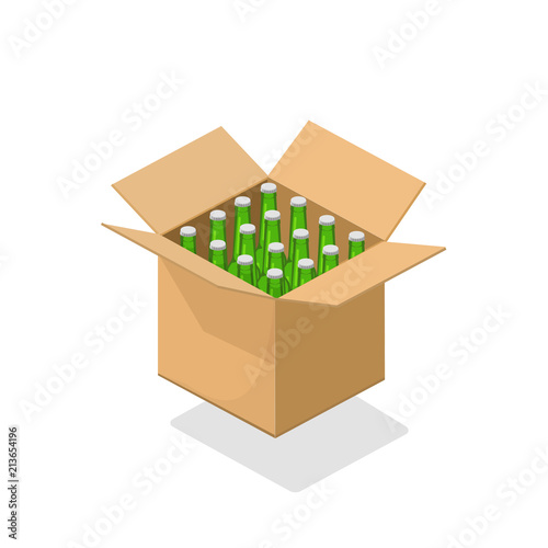 Beer bottles cardboard box vector illustration, 3d isometric cartoon beers beverage pack isolated