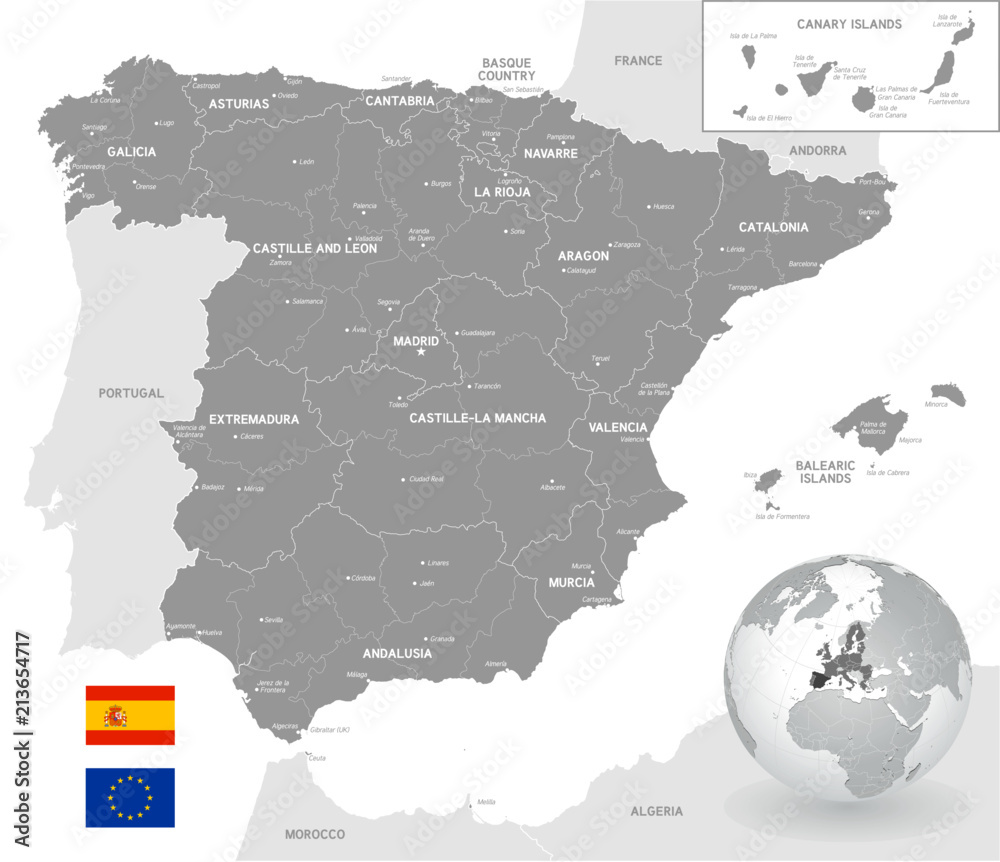 Fototapeta premium Grey Vector Political Map of Spain