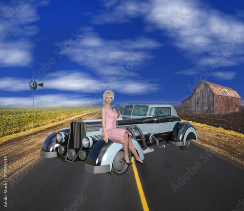 3D Illustration of Colorful 1930s Retro Americana Scene