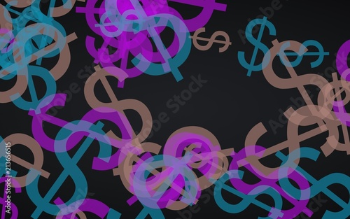 Multicolored translucent dollar signs on dark background. Red tones. 3D illustration