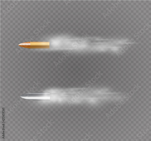 Flying bullet with dust trail. Isolated on black transparent background. Vector illustration