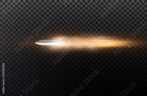 Flying bullet with dust trail. Isolated on black transparent background. Vector illustration