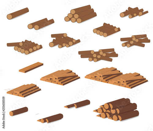 Wooden logs. Brown bark of felled dry wood. Purchase for construction. Vector illustration. A set of wooden straps for wood, an illustration of the industry of wood materials. Wood boards