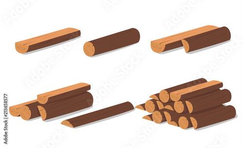 Wooden logs. Brown bark of felled dry wood. Purchase for construction. Vector illustration. A set of wooden straps for wood, an illustration of the industry of wood materials. Wood boards