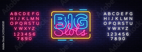 Big Slots sign vector design template. Casino neon logo, light banner design element colorful modern design trend, night bright advertising, bright sign. Vector. Editing text neon sign
