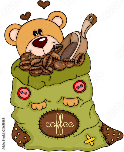 Teddy bear with bag of coffee beans and scoop

