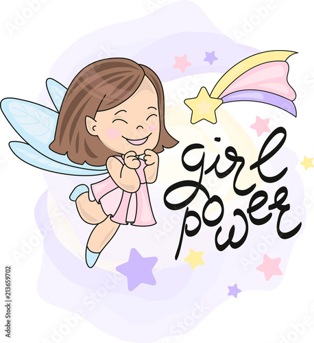 Obraz dziewczynka typu wróżka i hasło siła dziewczyn