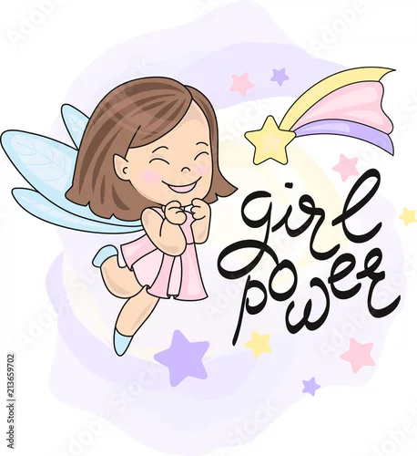 Obraz dziewczynka typu wróżka i hasło siła dziewczyn