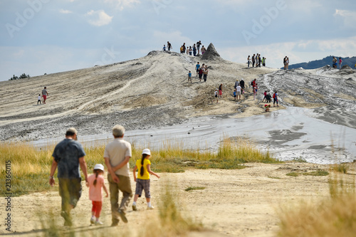 Tourists visiting mud volcanoes in summer season