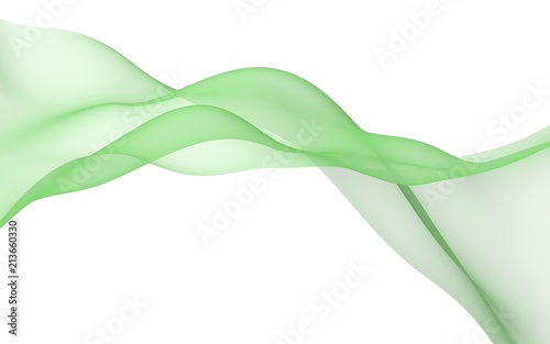 Green color scarf. Abstract green wave. Bright green ribbon on white background. Abstract green color smoke. Raster air background. 3D illustration