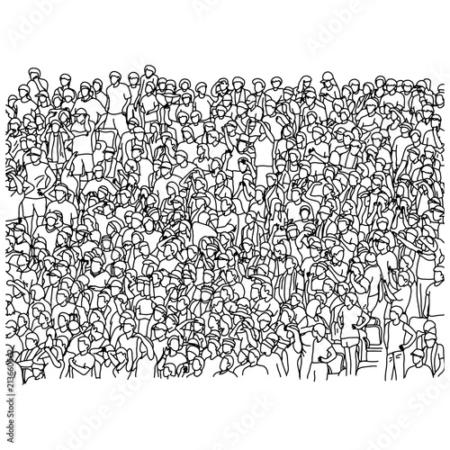 crowd of soccer fans cheering on stadium vector illustration sketch doodle hand drawn with black lines isolated on white background